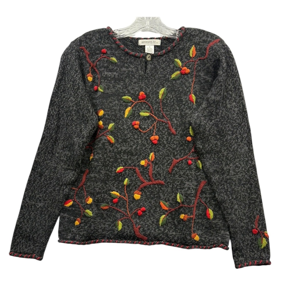 Vintage Arriviste‎ Women's Embroidered Sweater Floral Gray Retro Autumn Fall M
